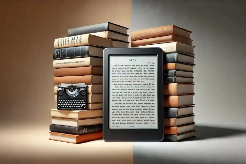 An e-reader displaying text is positioned between two piles of stacked books - eBooks vs Printed Books