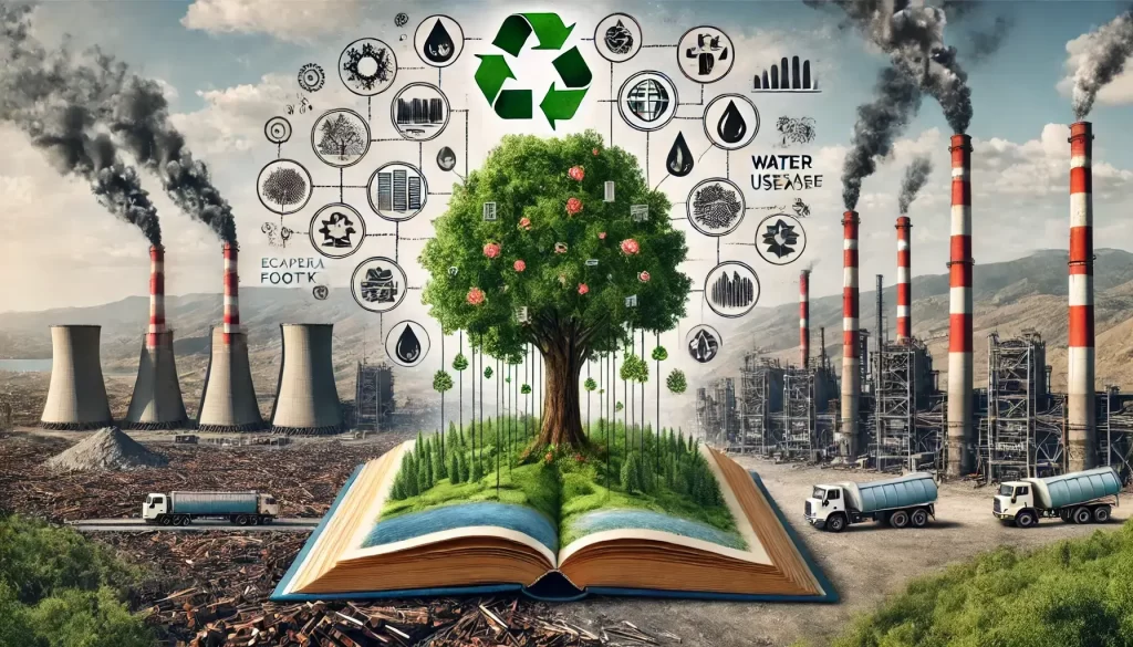 An open book with a growing tree in the center, surrounded by recycling - eBooks versus Printed Books1